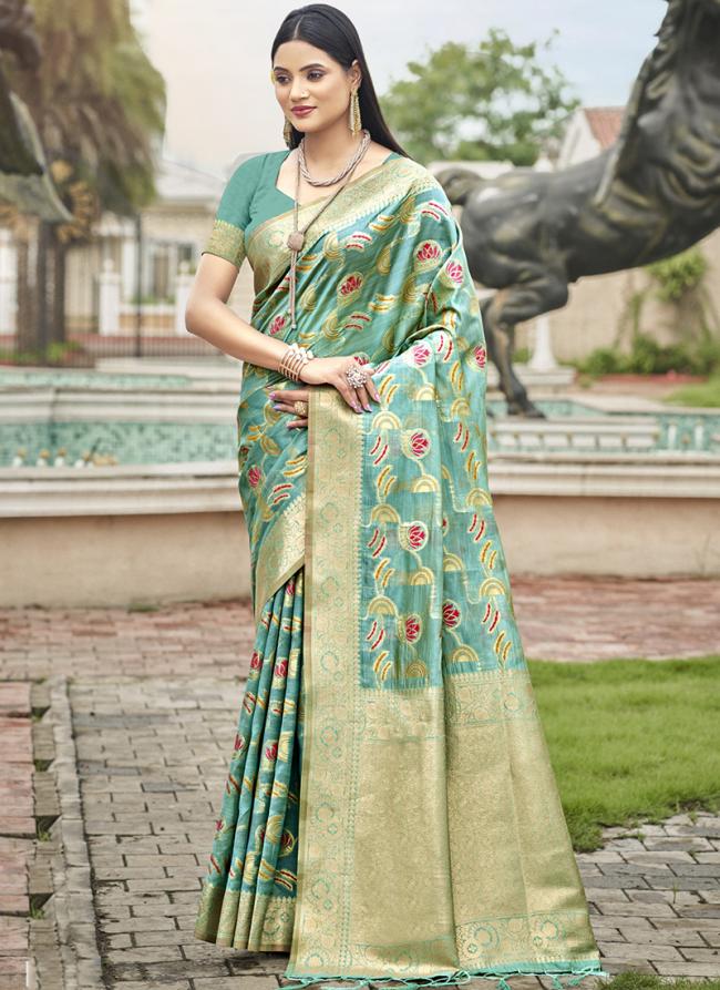 Organza Sky Blue Traditional Wear Weaving Saree